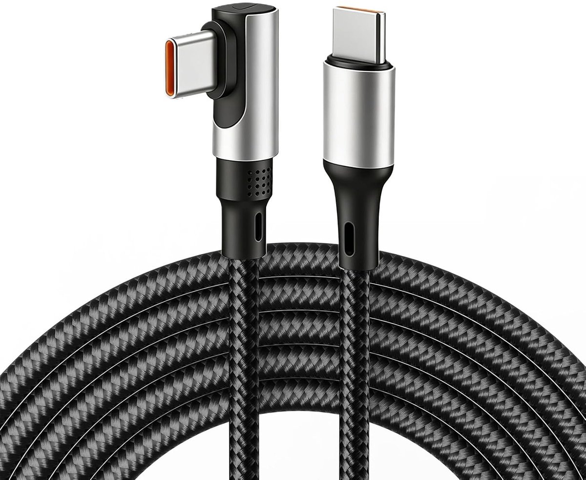 Krachtige 240W Snellader USB C Kabel met 90° Hoek voor iPhone, Samsung en MacBook - 3 Meter Nylon Kabel