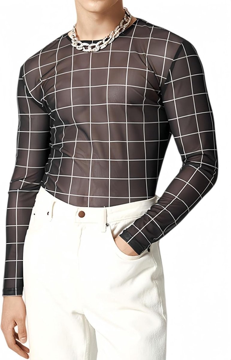 Langsleeve Geprinte Mesh Top voor Mannen - Sexy Transparante Crew Neck Slim Fit T-Shirt voor Avond, Rave en Club Wear
