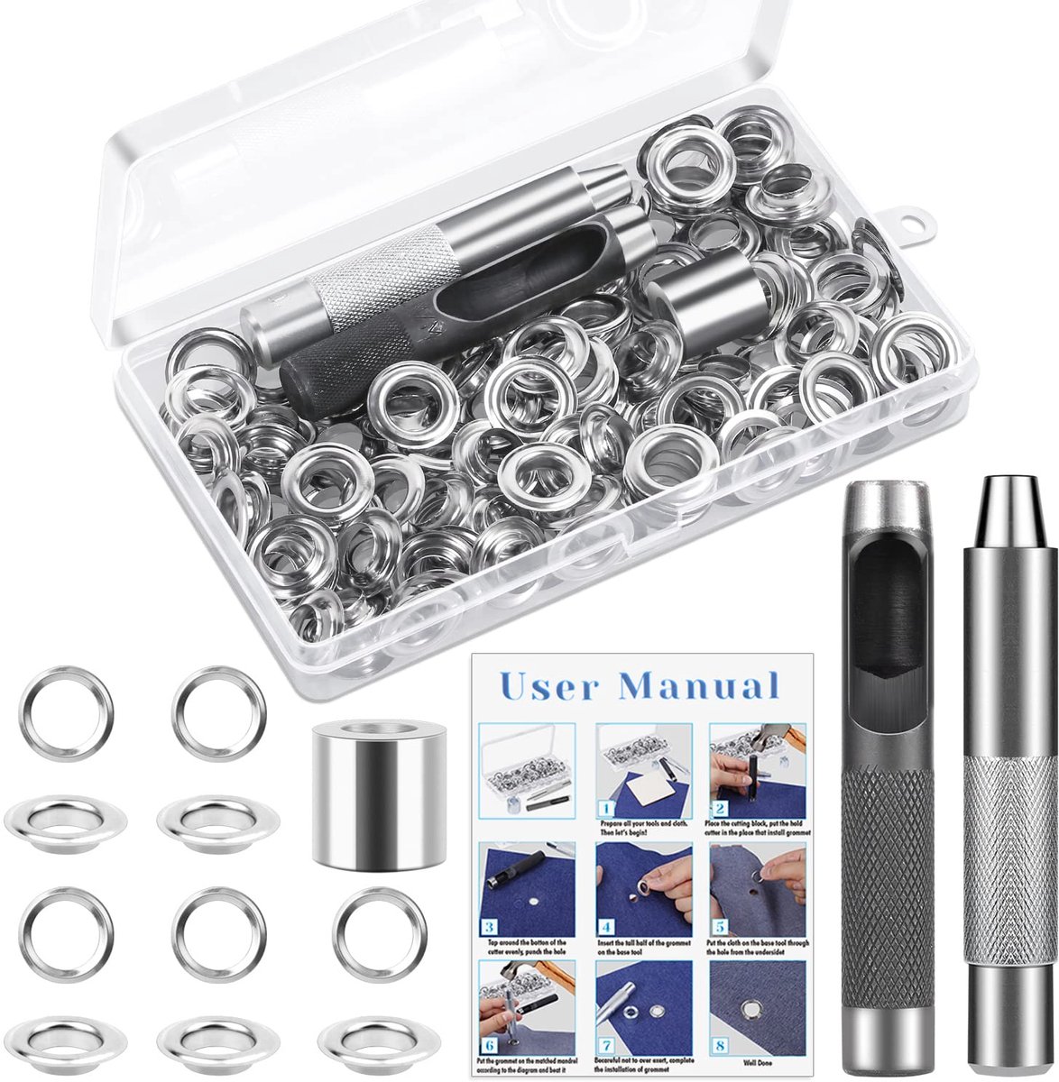 Gereedschapsset 50-delig - Metalen ogen 12 mm - Voor dekzeilen en stoffen - Ideaal voor productie - ShopVlot