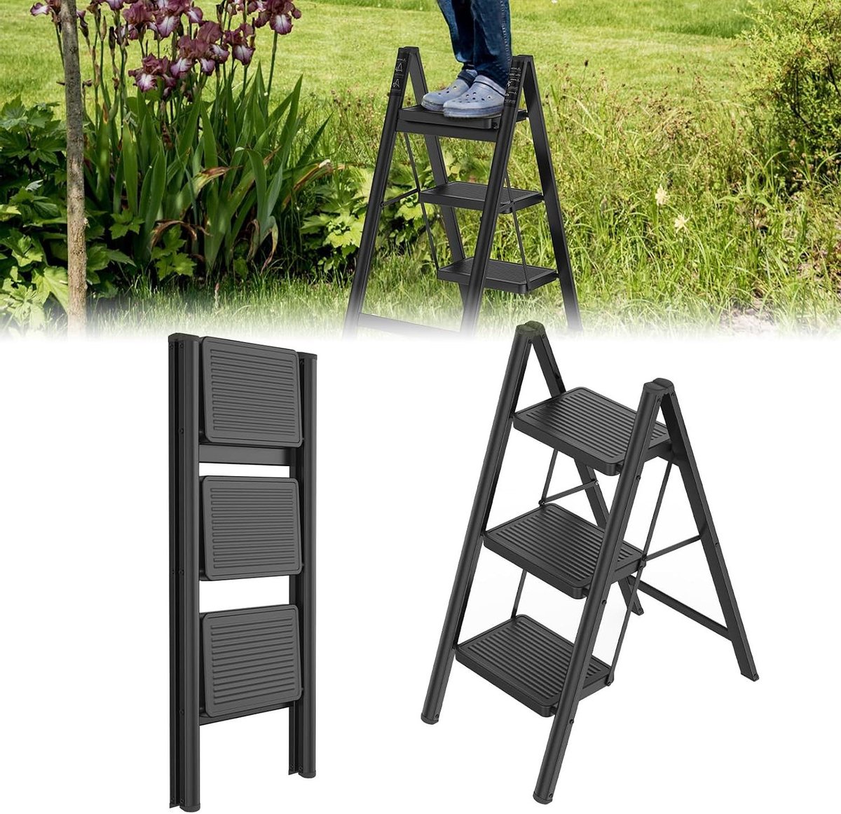 Vouwtrap 3 Treden - Huishoudtrap Keukentrap - Veilig Klussen - Extra Brede Treden - 270 kg Belasting - Zwart
