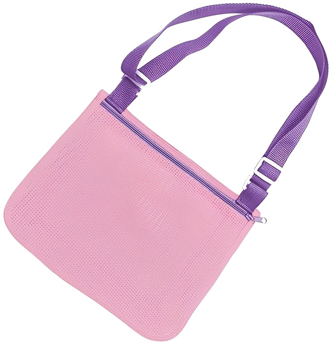 Strandtas mesh opvouwbaar - roze en paars - met ritssluiting - ideaal voor het verzamelen van schelpen - ShopVlot