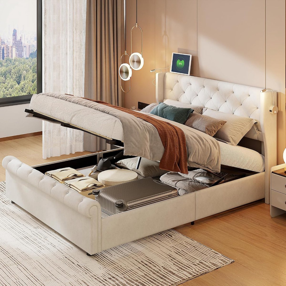 Gestoffeerd bed - 160 x 200 cm - tweepersoonsbed met opbergruimte - tweepersoonsbed met leeslamp - USB-aansluiting - hydraulisch bedframe met lattenbodem - jeugdbed - zonder matras - fluweel - beige