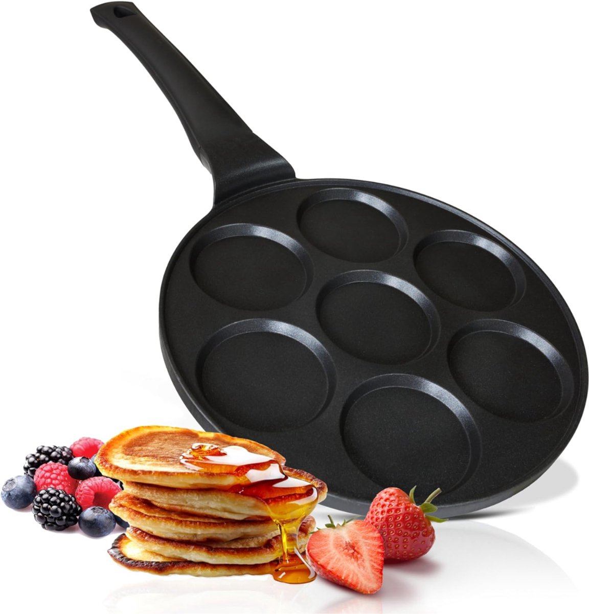 Allvia® Poffertjesmaker - Poffertjespan - Poffertjespan Electrisch - 7 Mini Pannenkoeken - Voor Alle Warmtebronnen - Zwart - 26cm x 10cm x 8cm
