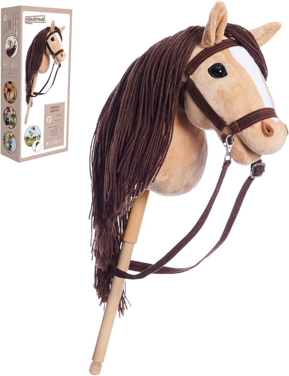 Stokpaard met hoofdstel - Hobby paard - Sport en spel - Antislip handvat - A3 formaat - Beige