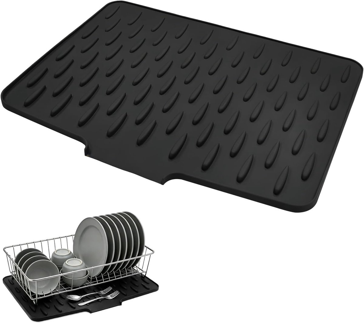 Dish Draining Mat, Silicone Draining Mat, Apoil, Sink Drain Tray, Non-Slip Water Conduction (Black) - ShopVlot