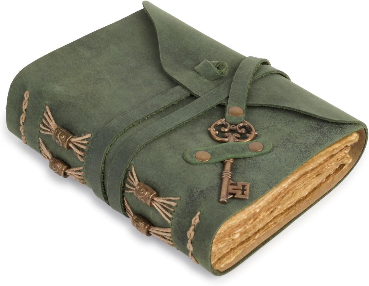 Vintage Green Leather Notebook with Key and Handmade Cotton Paper, Compact, Ideal for Notes, Reflections and Personal - ShopVlot