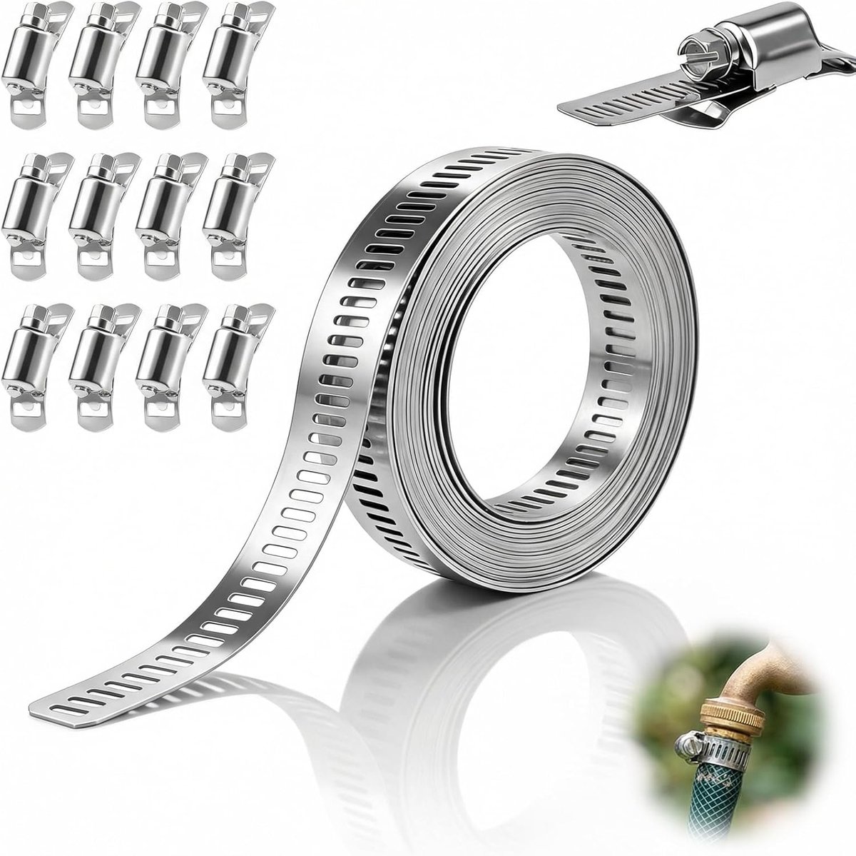 Hose Clamps Stainless Steel DIY Adhesive Tube Hose 5 m Adjustable Strap with 16 Pieces Attachment - ShopVlot