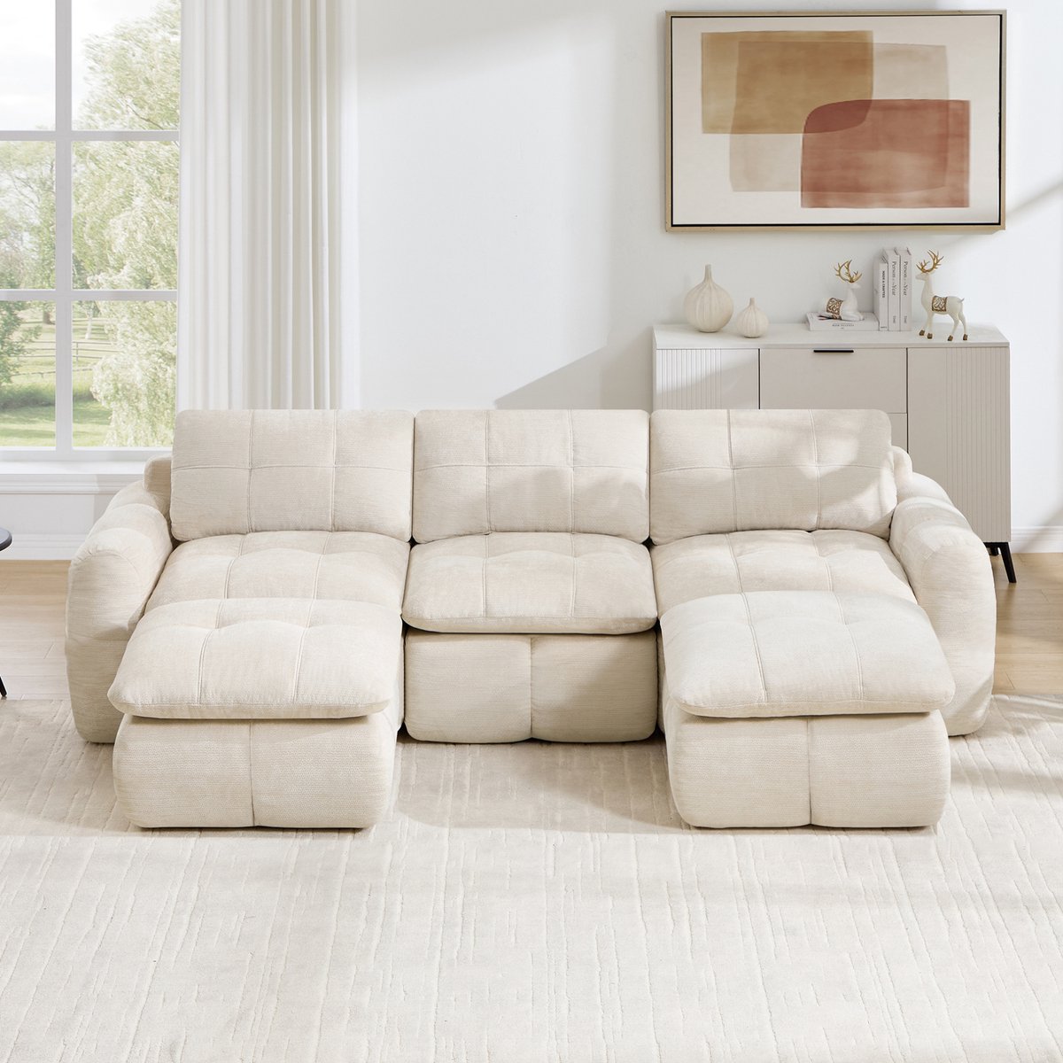 DESMIU Bank - 3-Zits U-Bank - Frameloos Modulair Sofa Met Wolkzachte Chenille En 32D-Hoogdichtheidsschuim - Voor Woonkamer En Appartement - Beige