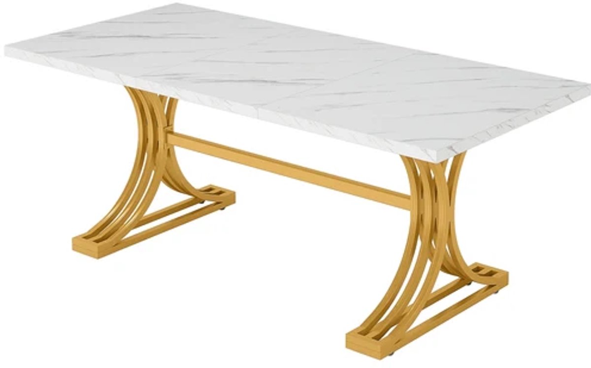 DMG Supply Eettafel - Rechthoekig - 4 tot 6 Personen - 160 x 80 x 75 cm - Wit/Goud - Marmerlook en Metaal
