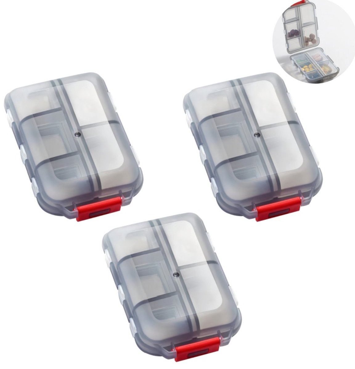 3 stuks - dubbellaagse pillendoos - medicijndoosje - pilhouder - reis pillendoos - 10 afgescheiden vakken - 9,6x6,4x3,1cm - dagelijks gebruik, op reis, werk, opslag voor medicijnen en voedingssupplementen - grijs