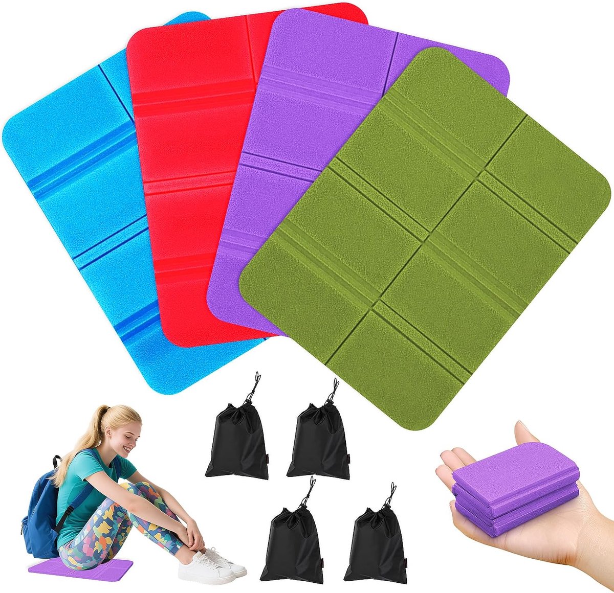 Opvouwbaar Zitmatje - 4 Stuks Opvouwbaar Zitkussen Buiten - Draagbare Isolatie Waterdicht - Outdoor Zitkussen - Zitkussens met 4 Opbergzakken - 4 Kleuren Thermo-zitkussen - voor Wandelen, Picknick en Onderweg, Tuin, Wandelen, Kamperen