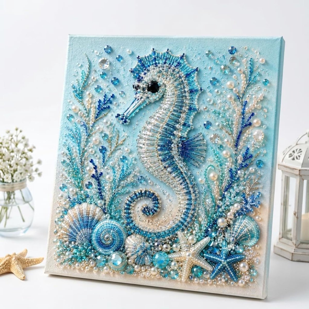 Ocean Series Diamantschilderijset - Zeepaardje 3D-diamantschilderij - Strand- & Zeethema - Stranddecoratie voor thuis - knutselpakket voor volwassenen en beginners - 20x20cm