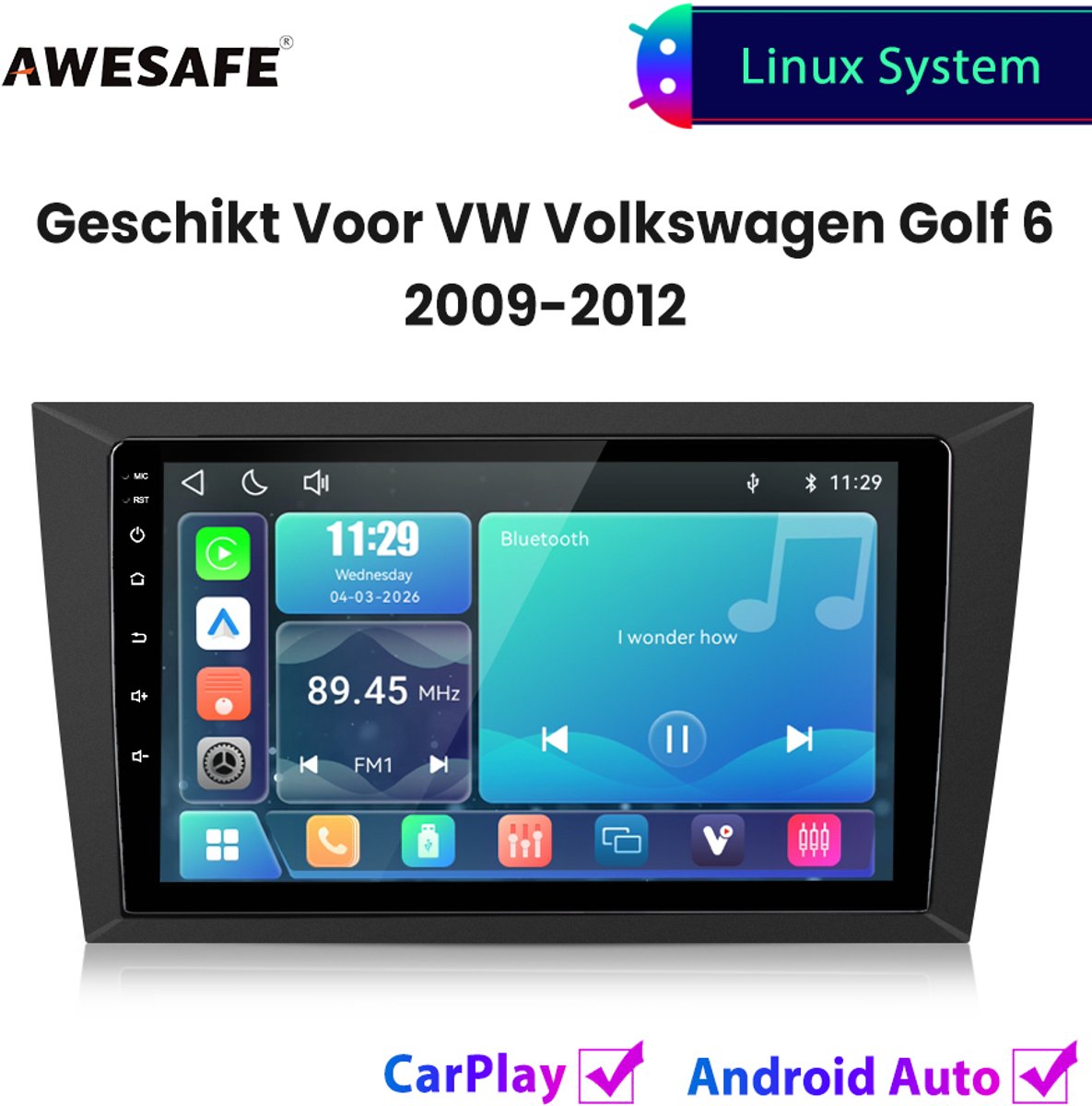 Awesafe Autoradio - Geschikt Voor VW Volkswagen Golf 6 2009 t/m 2012 - Draadloos Carplay Android Auto - Linux systeem - Touchscreen - Bluetooth Wifi - 2009 2010 2011 2012