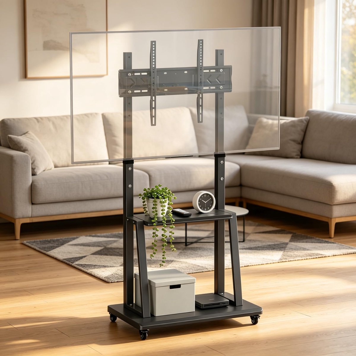 TV-standaard met wielen 155 x 70 x 43 cm - hoogte verstelbaar 123-155 cm - mobiele tv-kast voor woonkamer en kantoor - ShopVlot