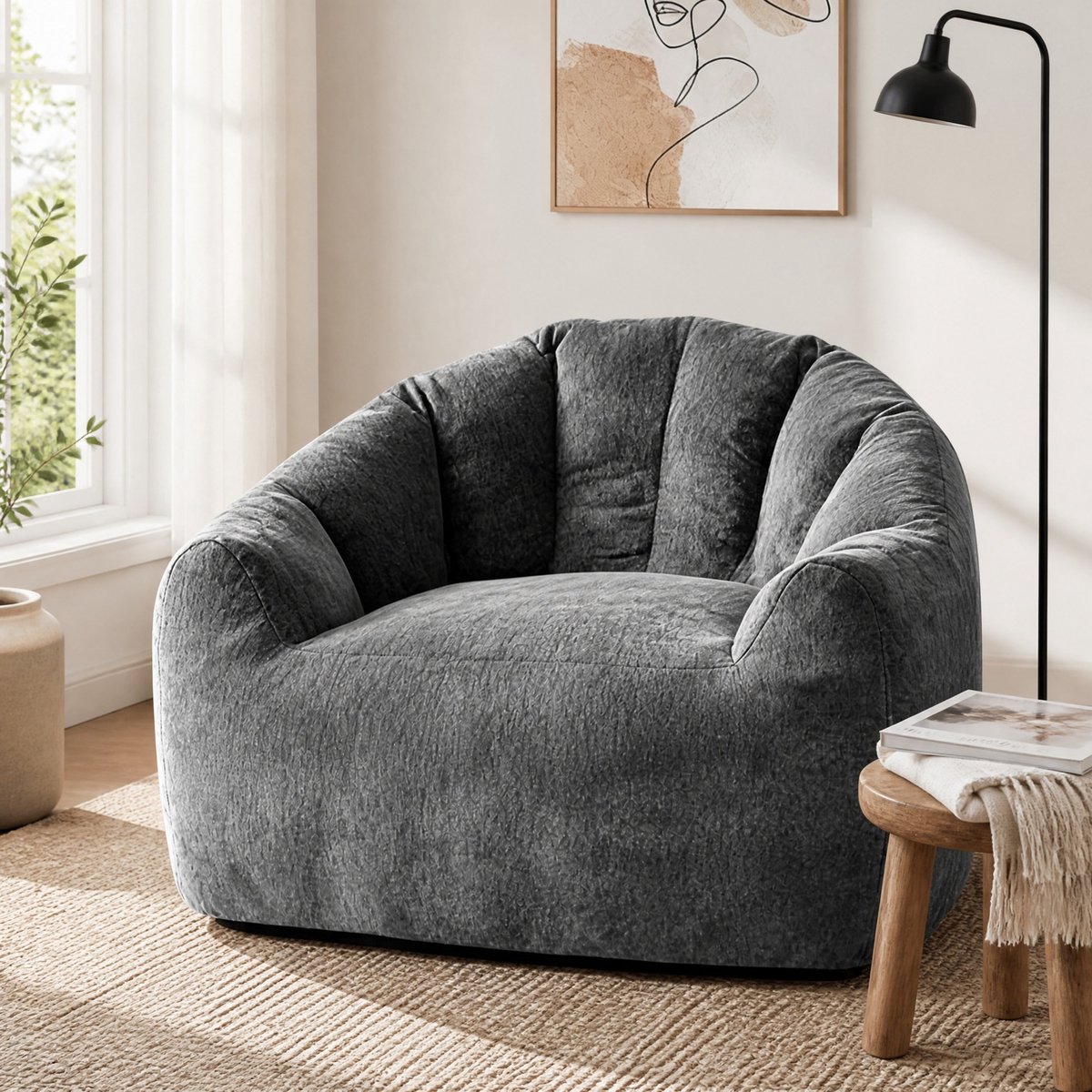 Wishdor Zitzak met rugleuning - Ronde loungestoel voor lezen en ontspannen - Flanel - Grijs - indoor - volwassenen - 86,3 x 99 x 64,7 cm
