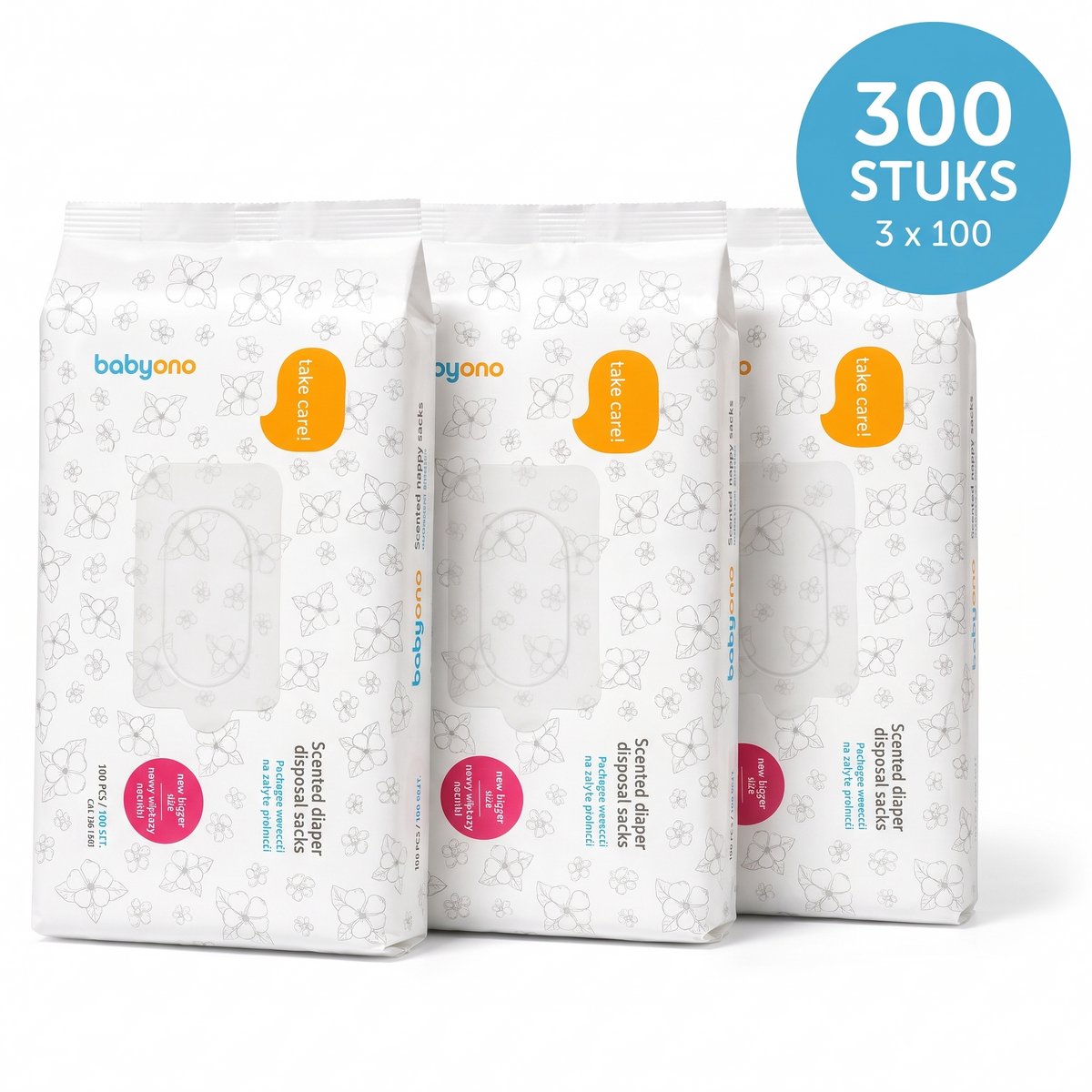 Babyono Luierzakjes met Geur - Voordeelverpakking 300 Stuks (3x100) - Geparfumeerde Wegwerpzakjes voor Luiers - Hygienisch Opruimen Onderweg - Makkelijk te Sluiten - Blauw
