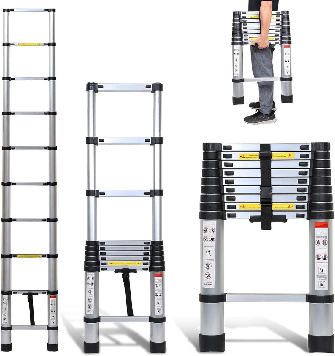 Telescopische Ladder - Stevige Werkladder - Klusjes Binnen Buiten - Verstelbaar Tot 2.6m - 150 kg Draagkracht - Aluminiumkleur