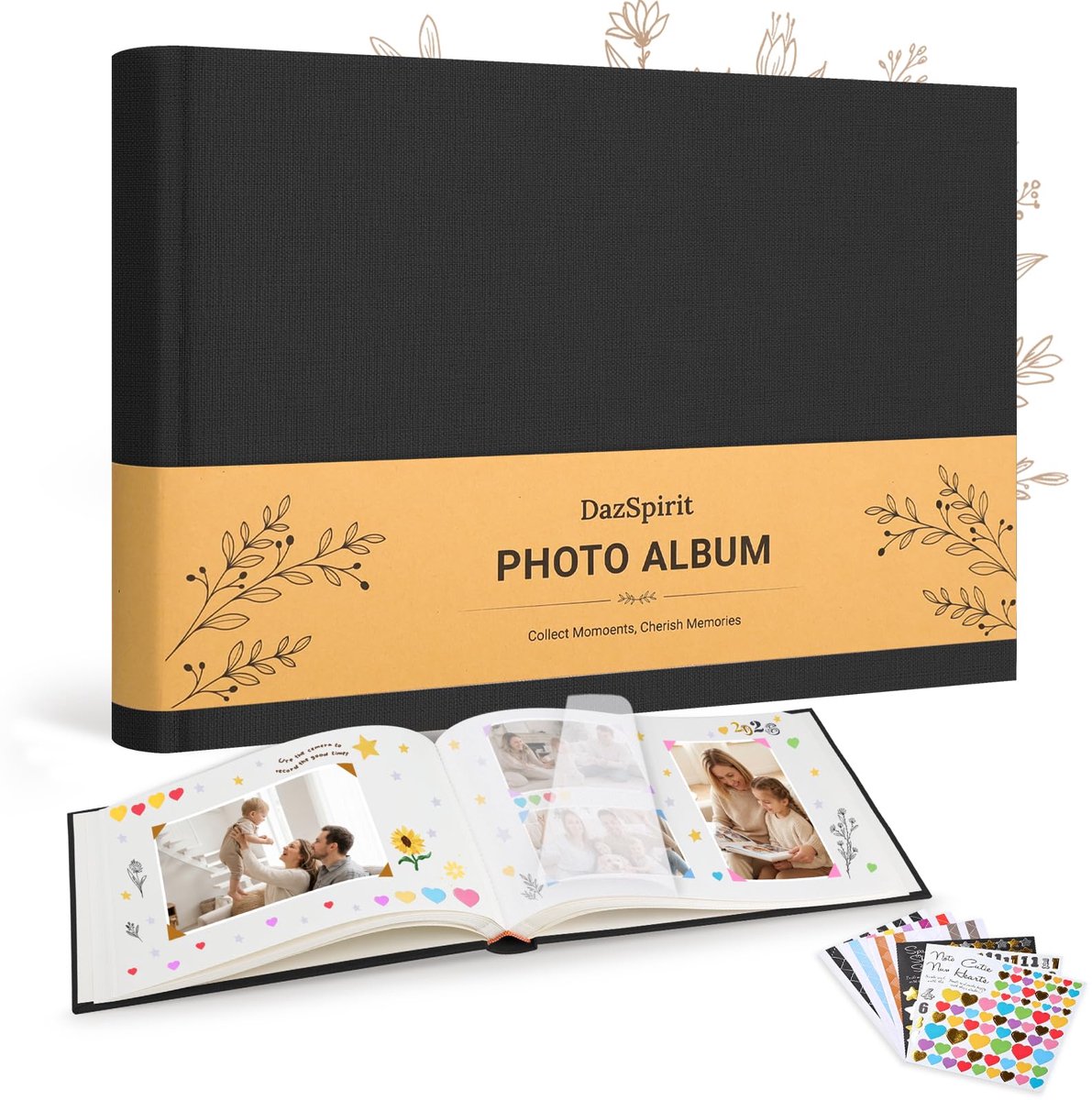 DazSpirit Fotoalbum om Zelf te Ontwerpen, Linnen Plakalbum met 60 Witte Pagina’s en 6 Stickervellen, Scrapbook - ShopVlot