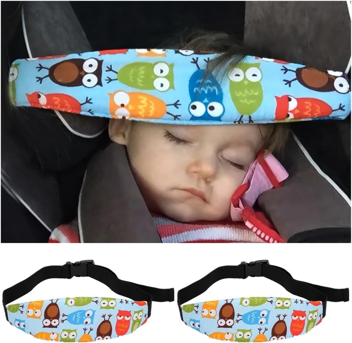 Set van 2 Verstelbare Hoofdsteunen voor Kinderen, Ideaal voor Auto, Kinderwagen en Slapen, Blauw met Uil Motief