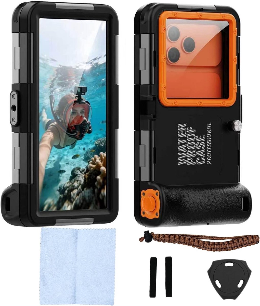 Waterdichte Onderwater Telefoonbehuizing IP68 tot 15m voor Duiken, Draagkoord en Geschikt voor iPhone 13/14/15/16/17 Pro Max en Galaxy S23/S24/S25 Ultra