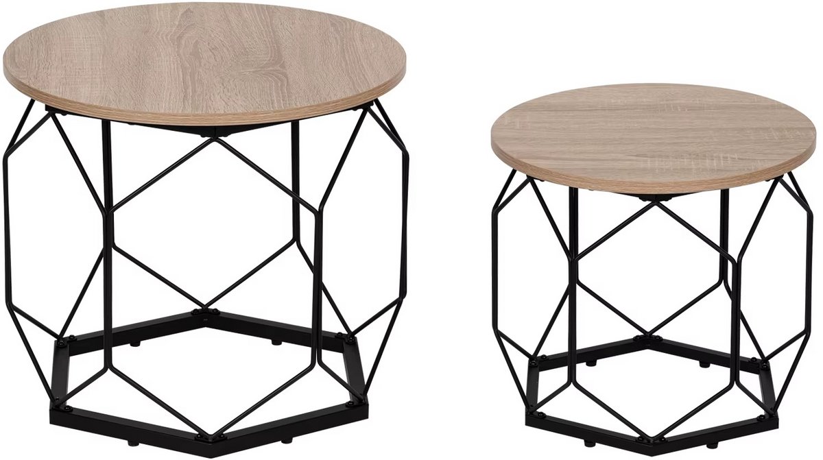 Stervia Salontafel Set van 2 – Ronde Bijzettafels – Met Opbergruimte – Afneembaar Blad - Vintage Houtlook – Eikenhout - 50 x 45 cm