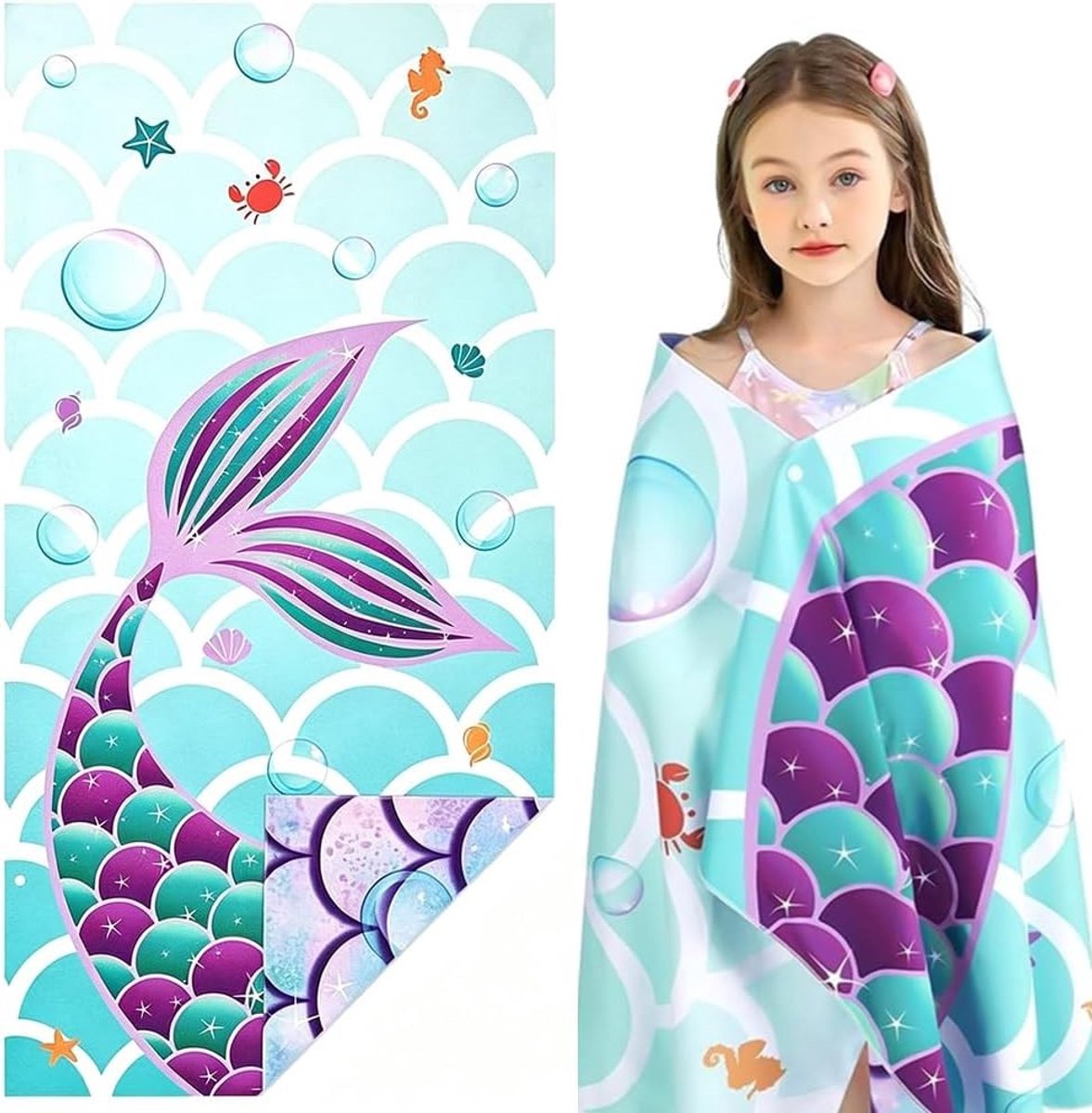 Zwemhanddoek voor Kinderen, 75 x 150 cm, Zeemeermin Bad Poncho, Ultra Zacht en Ideaal voor Strand en Zwemmen