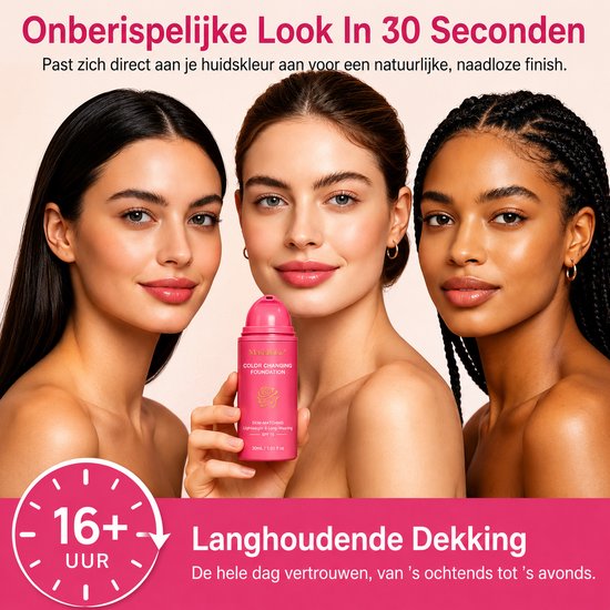 Drie vrouwen met verschillende huidtinten, omringend een roze flacon foundation. "16+ uur Langhoudende Dekking".