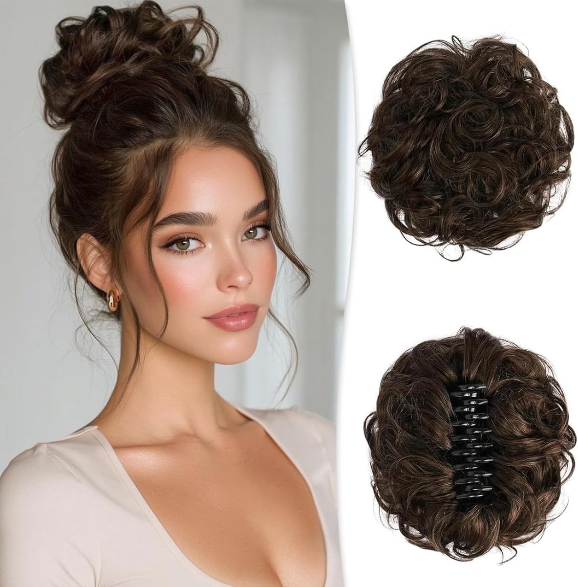 Chignon Postiche met Klemclip en Scrunchie van Natuurlijk Menselijk Haar - Golvend en Krullend Haar voor Vrouwen, Perfecte Ponytail Haarextensions en Décoiffé Stijl