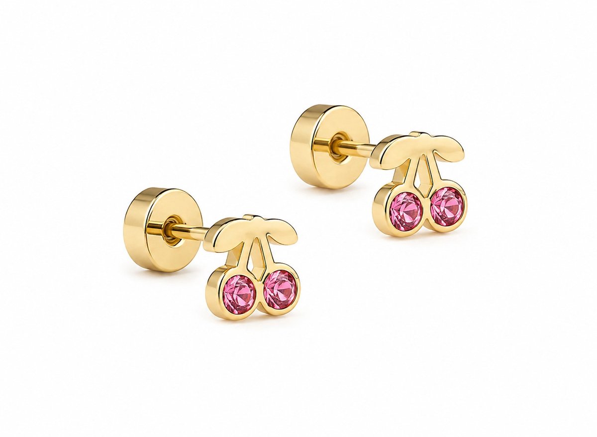 Oorbellen Kersje- Meisjes Oorbellen Kersjes- Goudkleurige Kinder Oorbellen Kers- Roze Strass- Meisjes Oorknopjes Kersje- LiLaLove- Kinderoorbellen- Cadeau Meisje