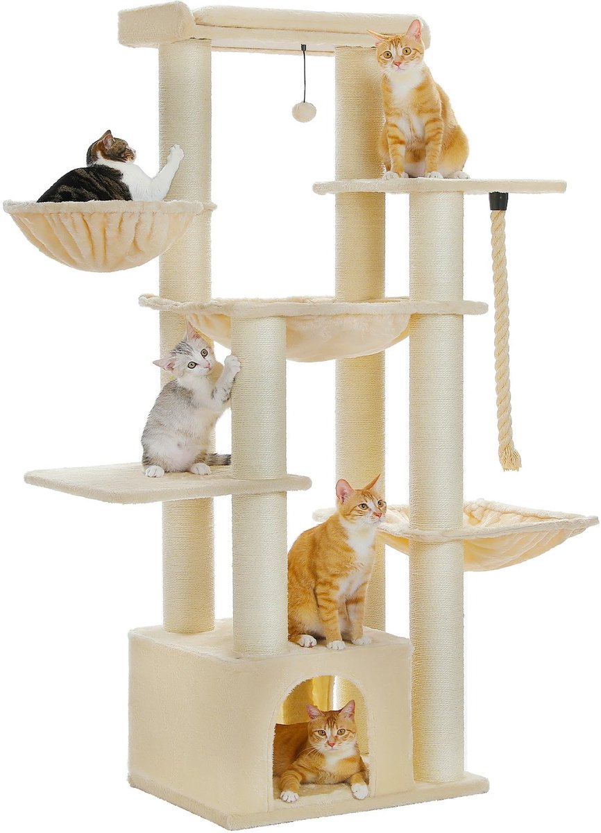 Veya Beige Krabpaal - Voor grote katten - 5 niveaus speelruimte - 170 cm - 11 sisalpalen - Stevig - Veilig en kindvriendelijk