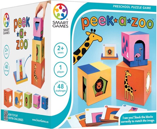 Doos van het Smart Games Peek-A-Zoo spel met gekleurde blokken met dieren erop, een giraf en uitdagingkaarten. Geschikt voor 2+ jaar.