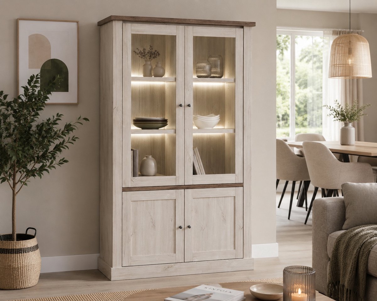 BELFURN Vitrinekast Elyna met glasdeuren in landelijke stijl bleek