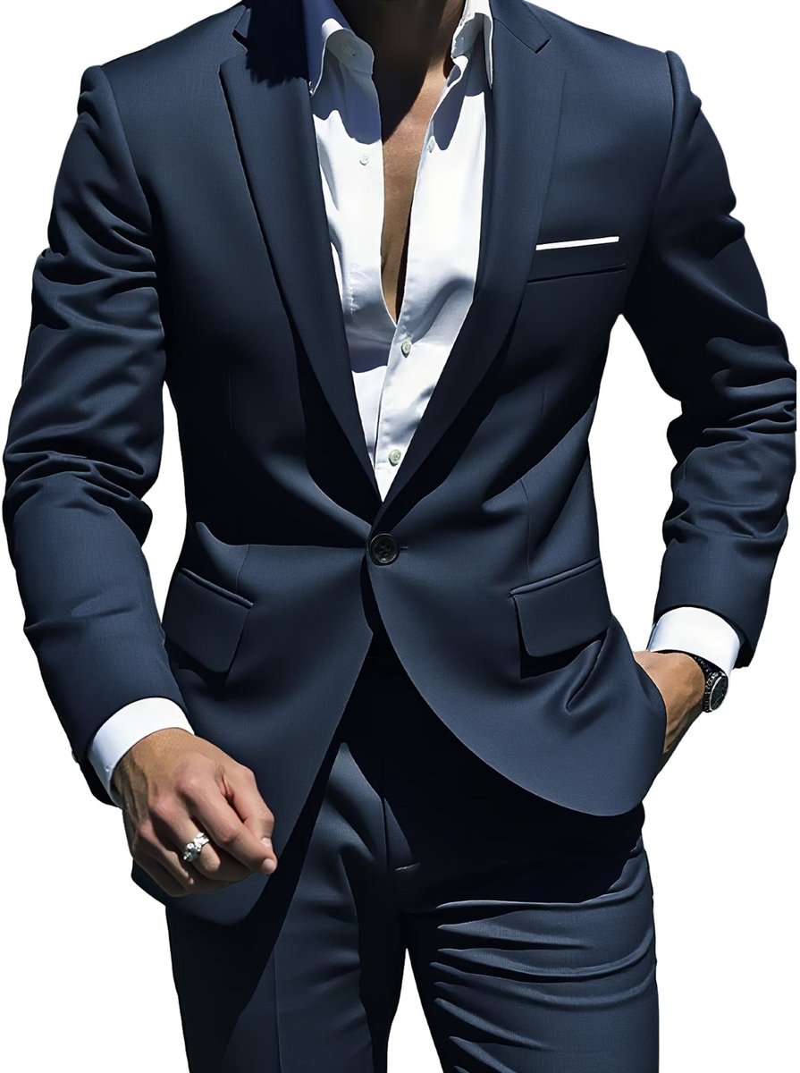 Currero 3 Delig Herenpak Met Overhemd - Suit 2 Delig - Tailored Fit Kostuum - Business Pak - Trouwpak - Smoking - Tuxedo Stijl - Bruiloft, Kantoor & Feest - Marineblauw XL