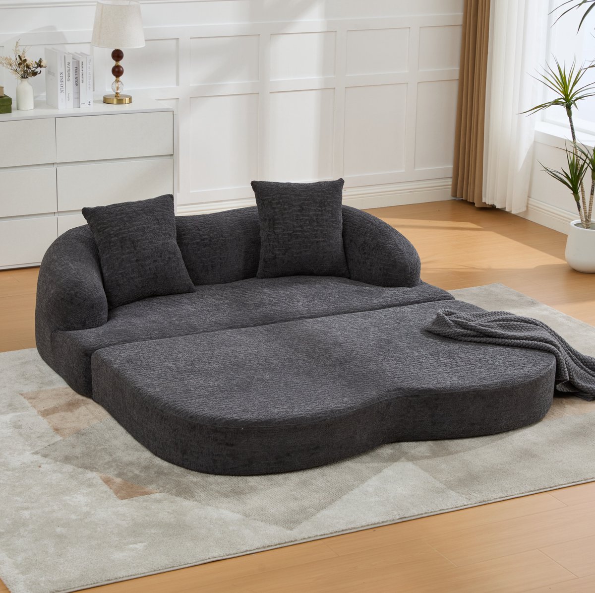MODENUIT Slaapbank 157 cm - Uitklapbaar Naar Bed - Voor Woonkamer En Gastenkamer - Chenille - Donkergrijs