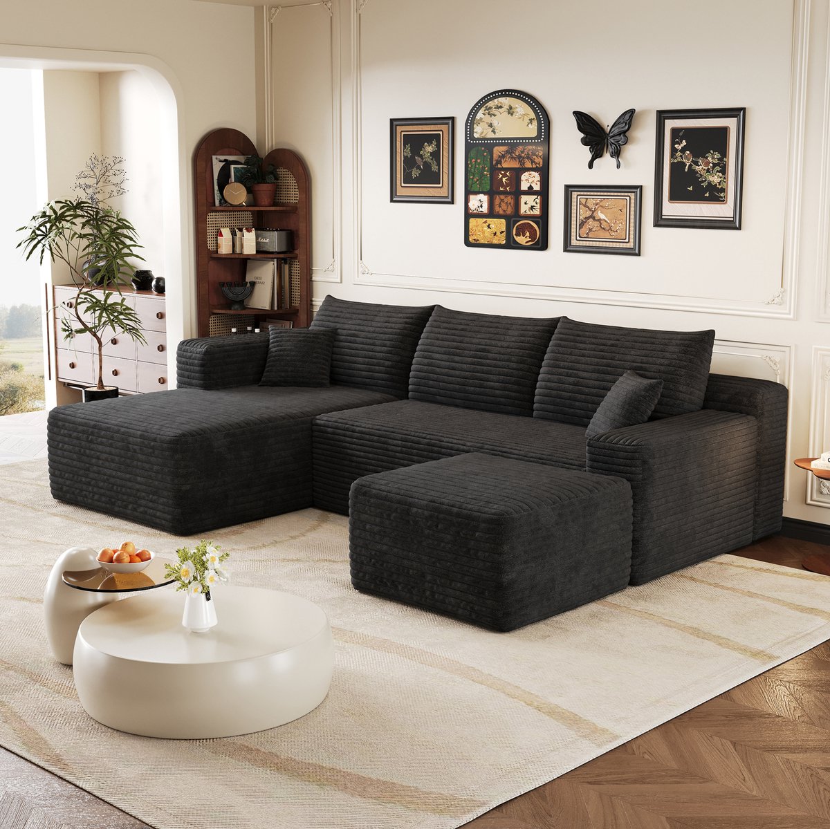 MODENUIT Hoekbank 241 cm - L-Vormige Opstelling - Voor Woonkamer - Stof - Zwart