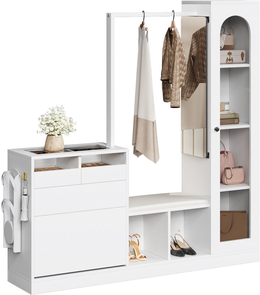 Merax Multifunctioneel Halmeubel - 163 x 35 x 161 cm - Wit - Schoenenkast - Zitbank - Draaibare Spiegel - Vitrinekast - Kleurwisselende Ledverlichting