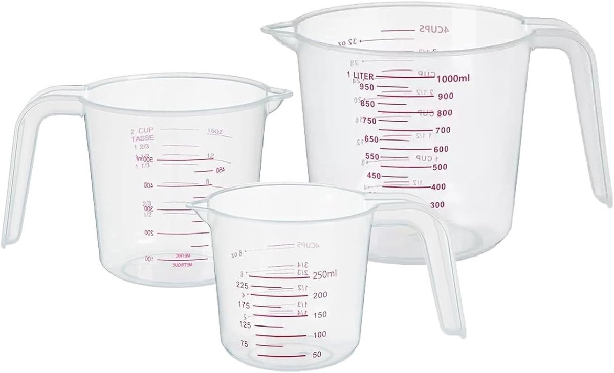 Maatbekers set van 3 - 250/500/1000 ml - hittebestendige kunststof - nauwkeurige schaalverdeling voor bakken - ShopVlot