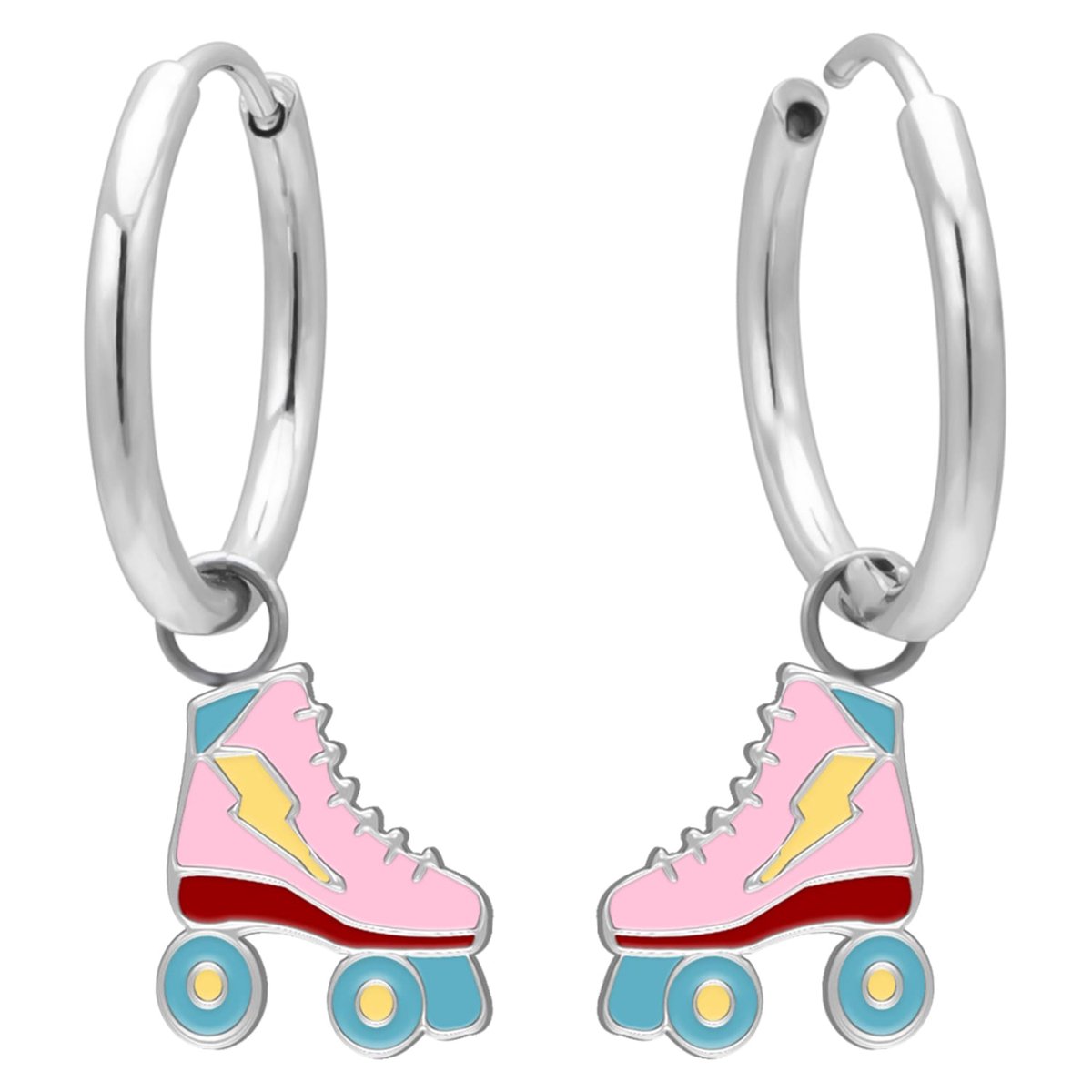 Kinderoorbellen Meisjes – Oorhangers Rolschaats – 316L Chirurgisch Staal – Geschikt voor Gevoelige Oren – Pastelkleurige Rolschaats met Bliksemschicht – Oorringen 12 mm