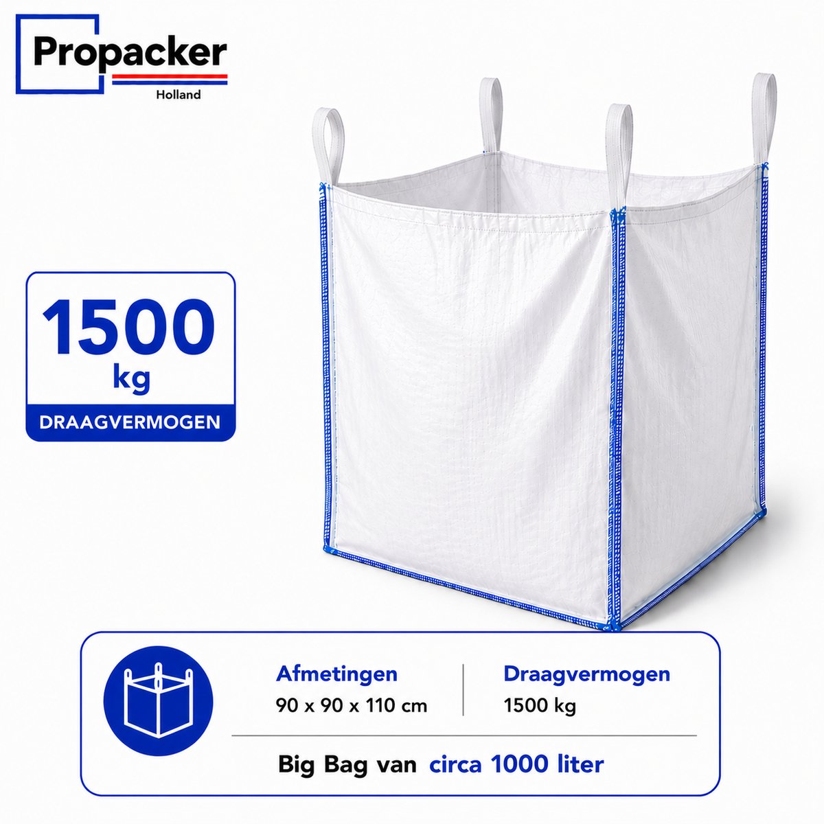 Big Bag 90x90x110 cm – 1500 kg – Extra Sterke Bulkzak voor Bouwafval, Zand en Grind - Propacker