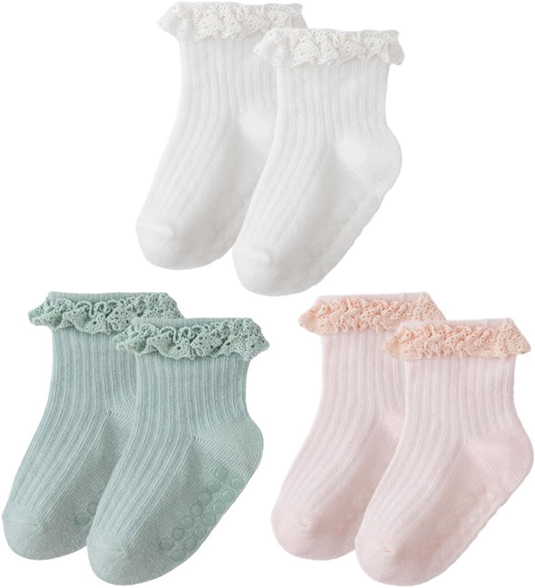 Lace sokken voor baby's en peuters met ruffles, antislip en geschikt voor 0-9 maanden, 3 paar