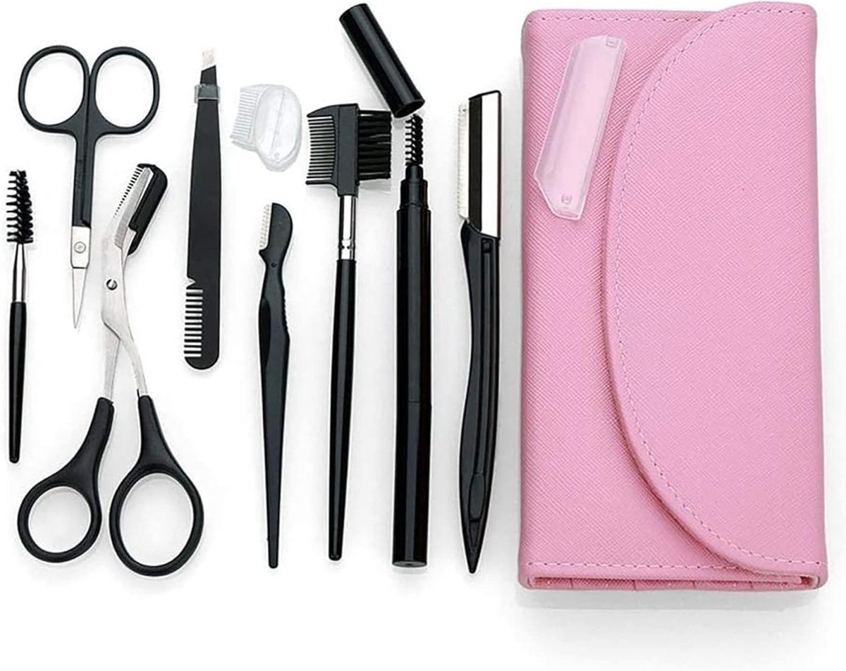 Complete Set voor het Vormgeven van Wenkbrauwen - Scharen, Potlood, Borstel en Trimmer met Leren Tas - Perfecte Schoonheidstools voor Thuisgebruik en Professioneel Gebruik