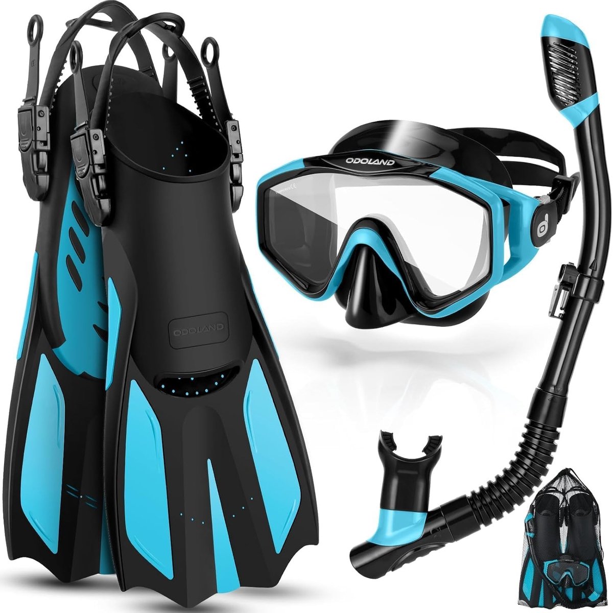 Snorkelset met Droogtop Duikmasker, Verstelbare Zwemvins en Mesh Tas - Ideaal voor Onderwateravonturen, S/M, Sky Blue