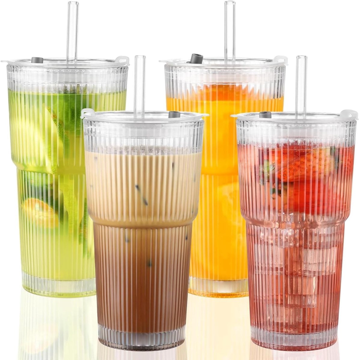 Set van 4 herbruikbare drinkglazen van 600 ml met deksel en rietje, ideaal voor smoothies, iced coffee en cocktails
