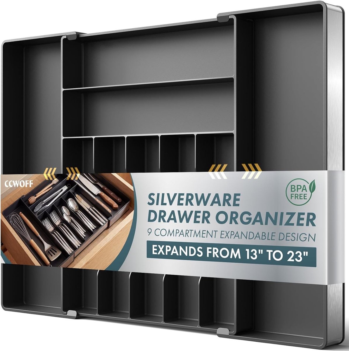 Uitbreidbare Bestek Organizer voor Keukenkast, 9 Slots, Roestvrijstalen Frame, Antislip Voetjes, BPA-vrij, Ideaal voor Keukenaccessoires en Bestekopslag