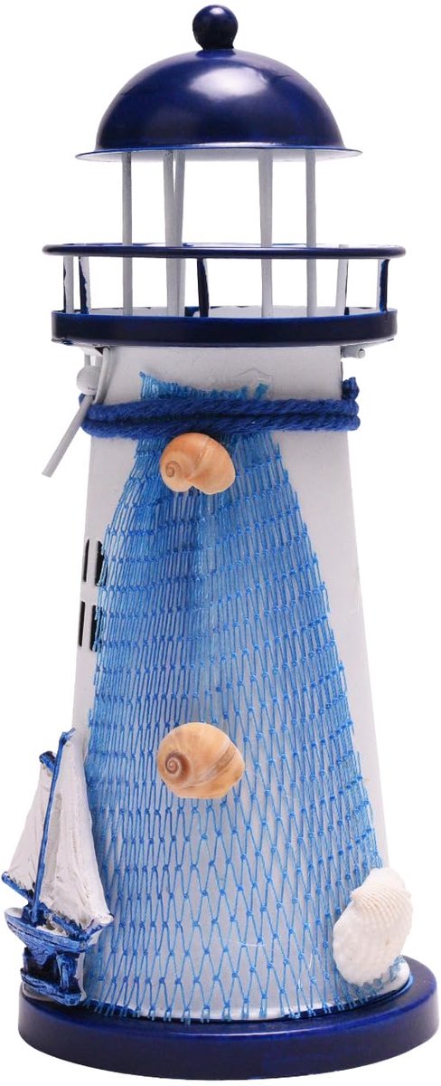 theelichthouder 18 cm - metalen - blauw wit - sfeervolle maritieme decoratie - ShopVlot