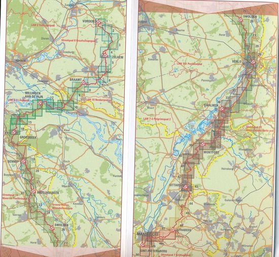 Kaart van het Pieterpad, deel 2, met Vorden en Maastricht als eindpunten. Toont LAW-routes en streekpaden.