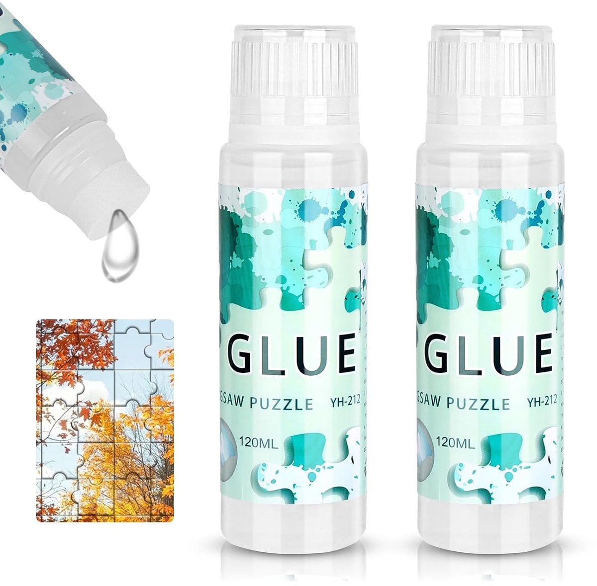 Set van 2 flessen puzzellijm, vloeibare puzzellijm voor 6000 stukjes, inclusief sponsapplicator en puzzelaccessoires voor volwassenen en kinderen (2 x 120 ml)