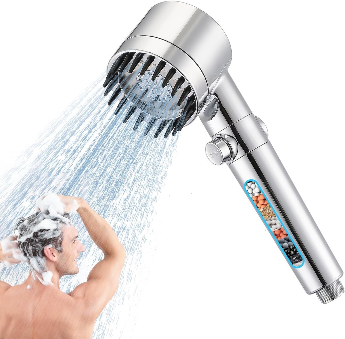 Hoogdruk Douchesproeier met 3+1 Stralingsstanden, Handdouche voor Chloorverwijdering en Massagefunctie, Ideaal voor Hard Water