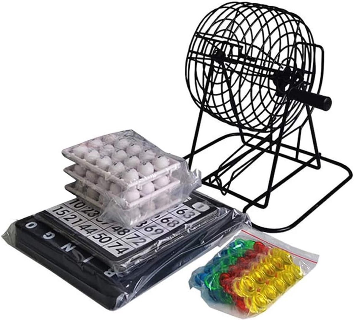 Deluxe Bingo Spelset met Loterijmachine, 75 Ballen, 18 Kaarten en 150 Chips voor Gezellige Avonden en Feestjes