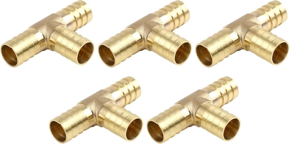 Set van 5 Messing Slangfittingen 16mm Diameter, T-vormige 3-Weg Aansluitingen voor Water en Brandstofgebruik